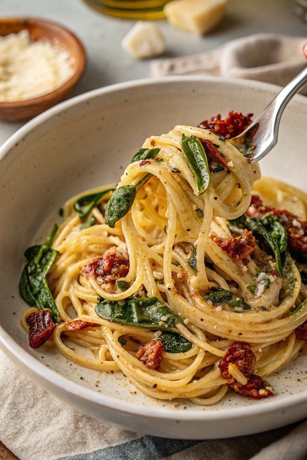 Spaghetti & Spinach with Sun-Dried Tomato Cream Sauce – A Flavorful, Comforting Pasta Dish!