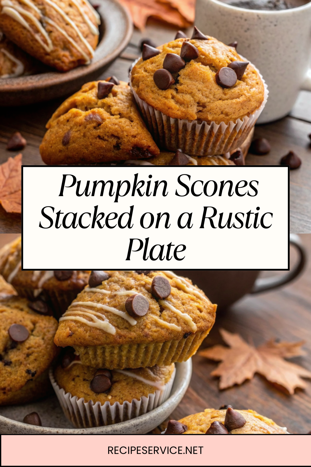Pumpkin Scones Stacked on a Rustic Plate, Drizzled with Icing, Next to a Cup of Coffee | Warm, Spiced & Coffeehouse-Worthy