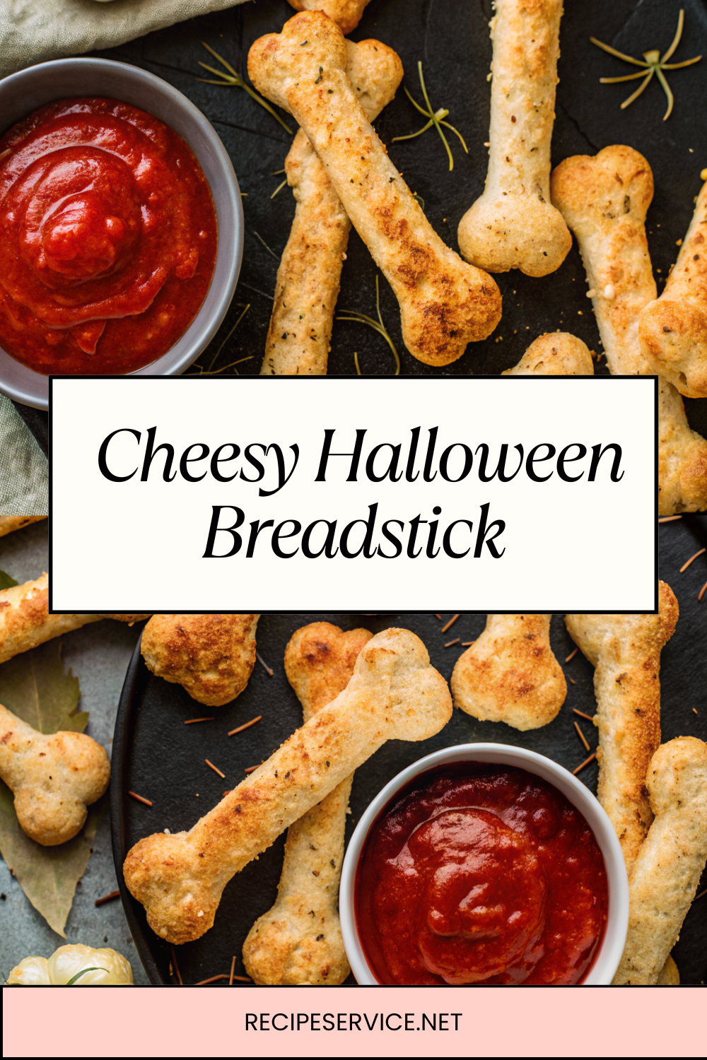 Cheesy Halloween Breadstick Bones with Marinara “Blood” for Dipping