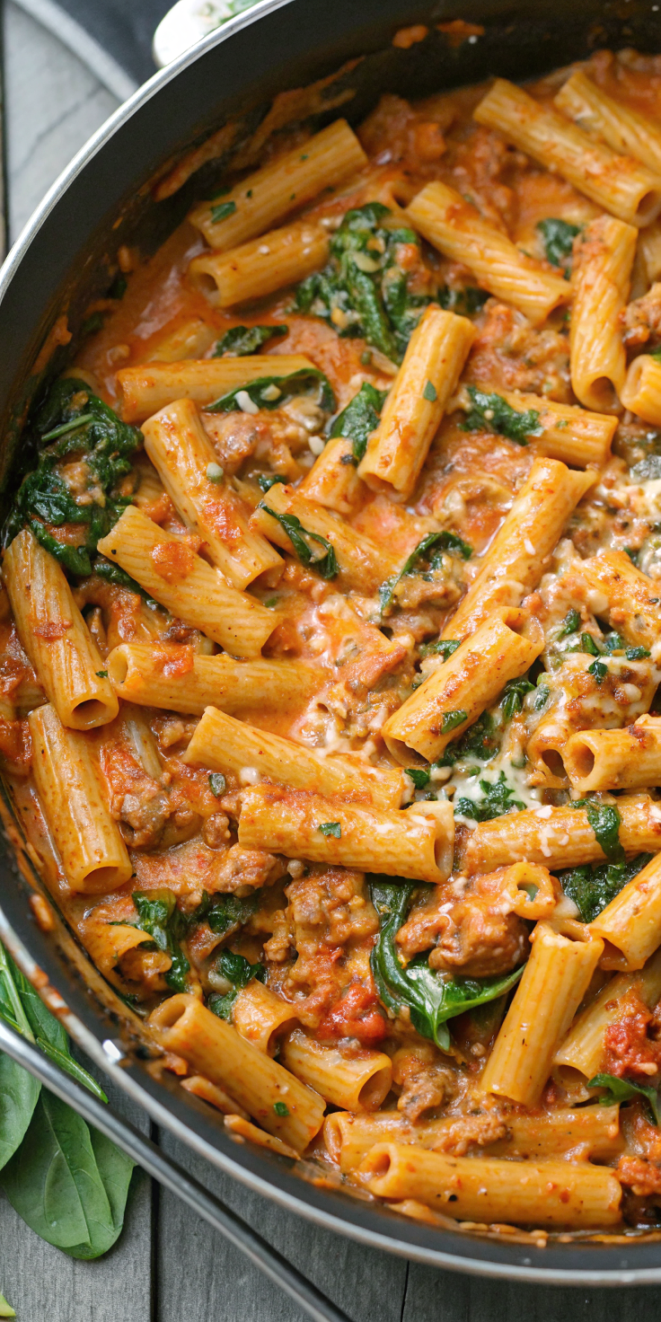 Creamy Sausage Rigatoni with Spinach, Garlic, and Tomato Cream Sauce – One-Pan, 30-Minute Dinner