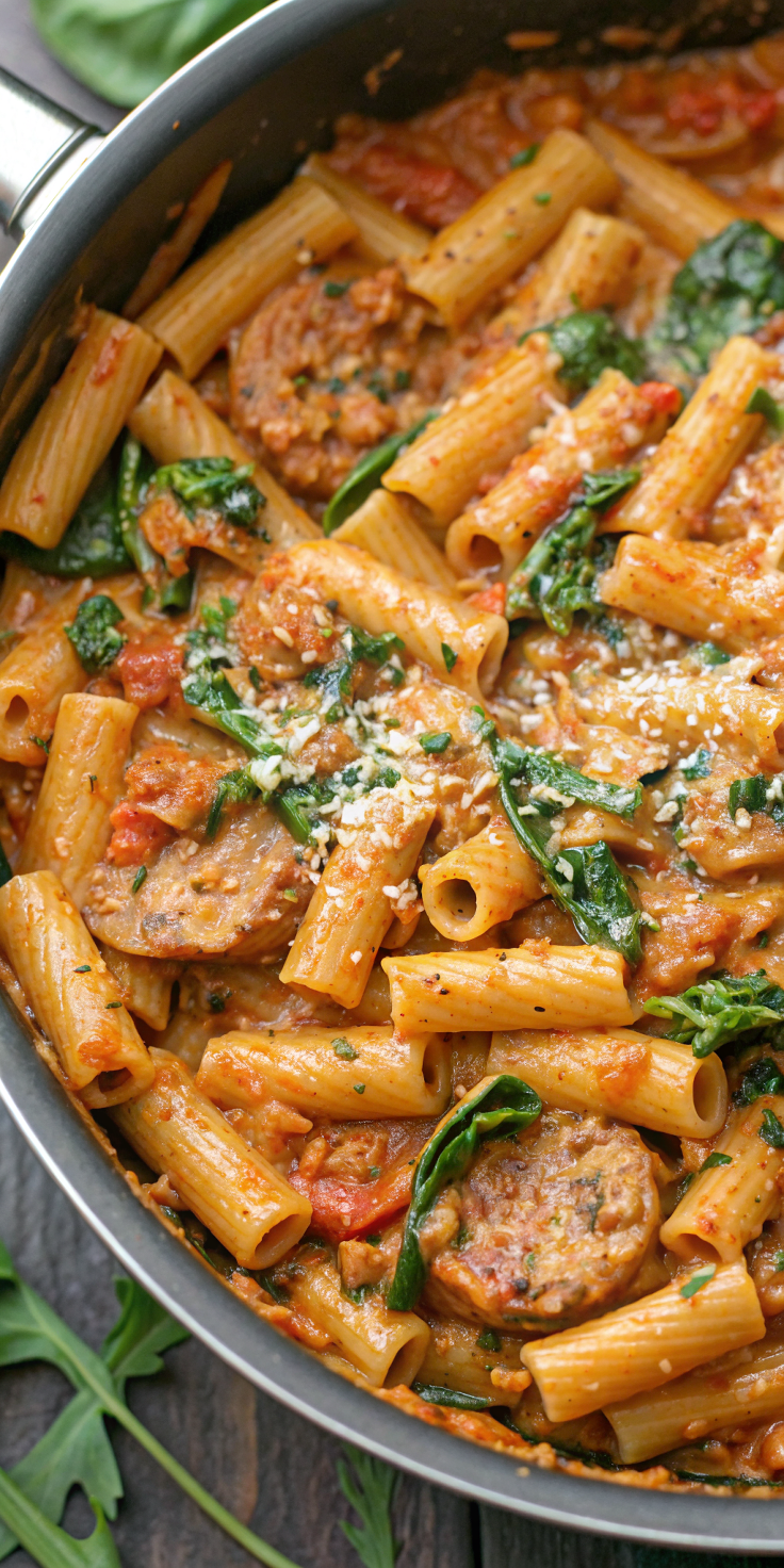 Creamy Sausage Rigatoni with Spinach, Garlic, and Tomato Cream Sauce – A One-Pan, 30-Minute Dinner