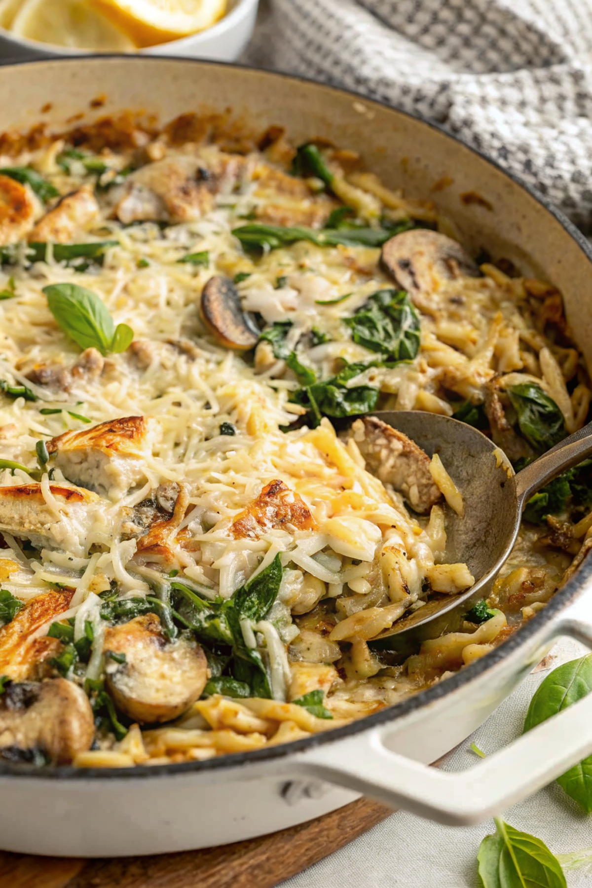 One-Pan Creamy Ricotta Chicken and Orzo Skillet with Spinach, Mushrooms, and Fresh Basil – A Quick and Comforting Weeknight Dinner
