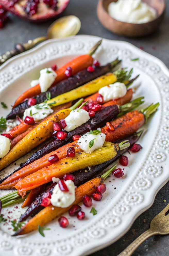Honey Roasted Rainbow Carrots with Burrata and Pomegranate – A Vibrant Holiday Side Dish