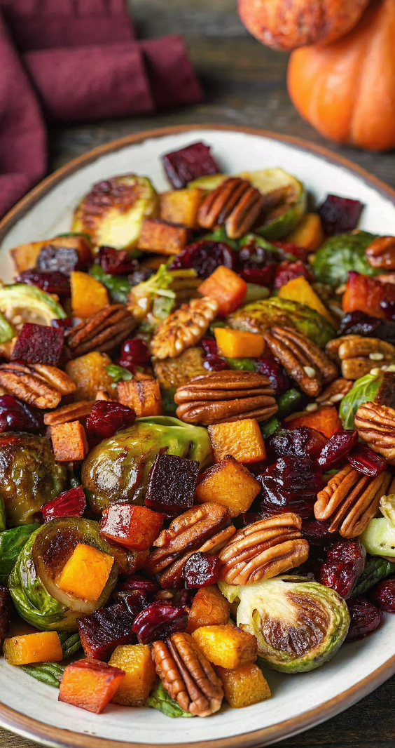 Autumn Salad with Brussels Sprouts, Cranberries, Pecans, Beets & Butternut Squash | A Colorful Fall Harvest Bowl