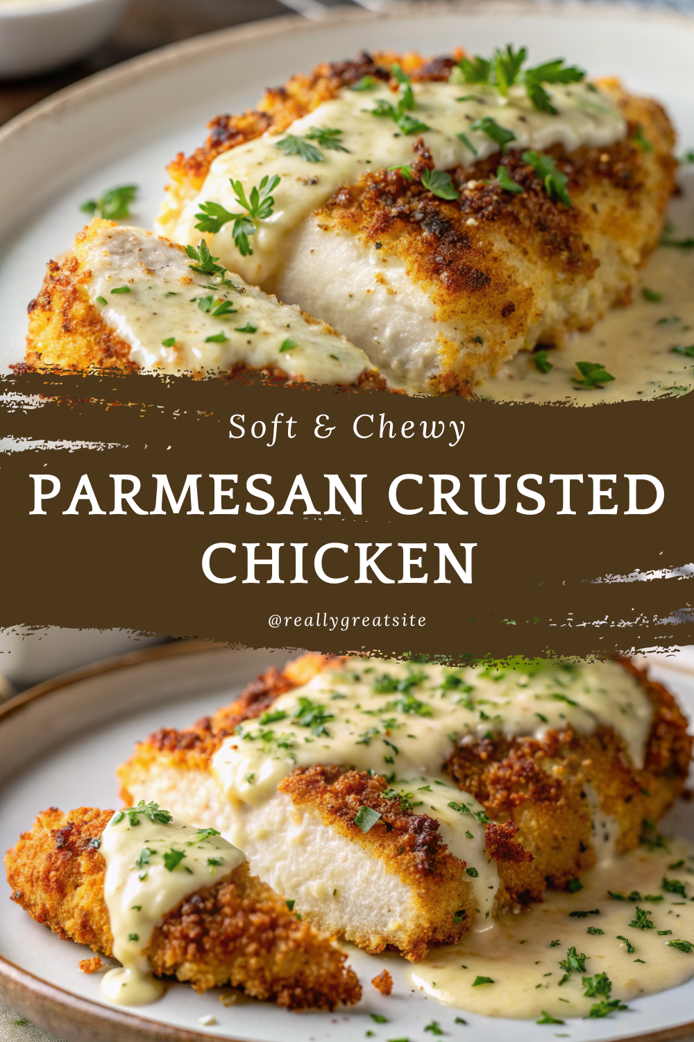 Parmesan Crusted Chicken with Creamy Garlic Sauce – Cheesy One-Pan Dinner
